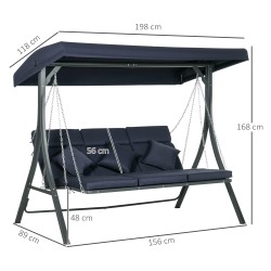 Puutarhakeinu 3 hengelle, teräsrunko, säädettävä aurinkokatos, 198 x 118 x 168 cm, tummansininen-musta