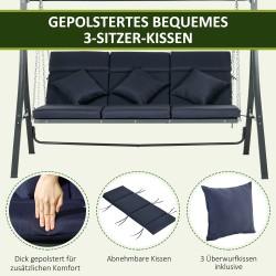 Puutarhakeinu 3 hengelle, teräsrunko, säädettävä aurinkokatos, 198 x 118 x 168 cm, tummansininen-musta