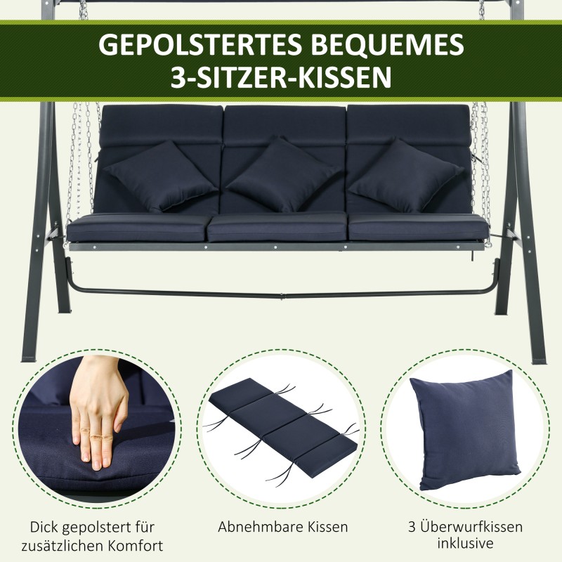 Puutarhakeinu 3 hengelle, teräsrunko, säädettävä aurinkokatos, 198 x 118 x 168 cm, tummansininen-musta