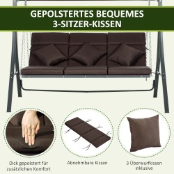 Puutarhakeinu 3 hengelle, metallirunko, säädettävä aurinkokatos, 198 x 118 x 168 cm, ruskea