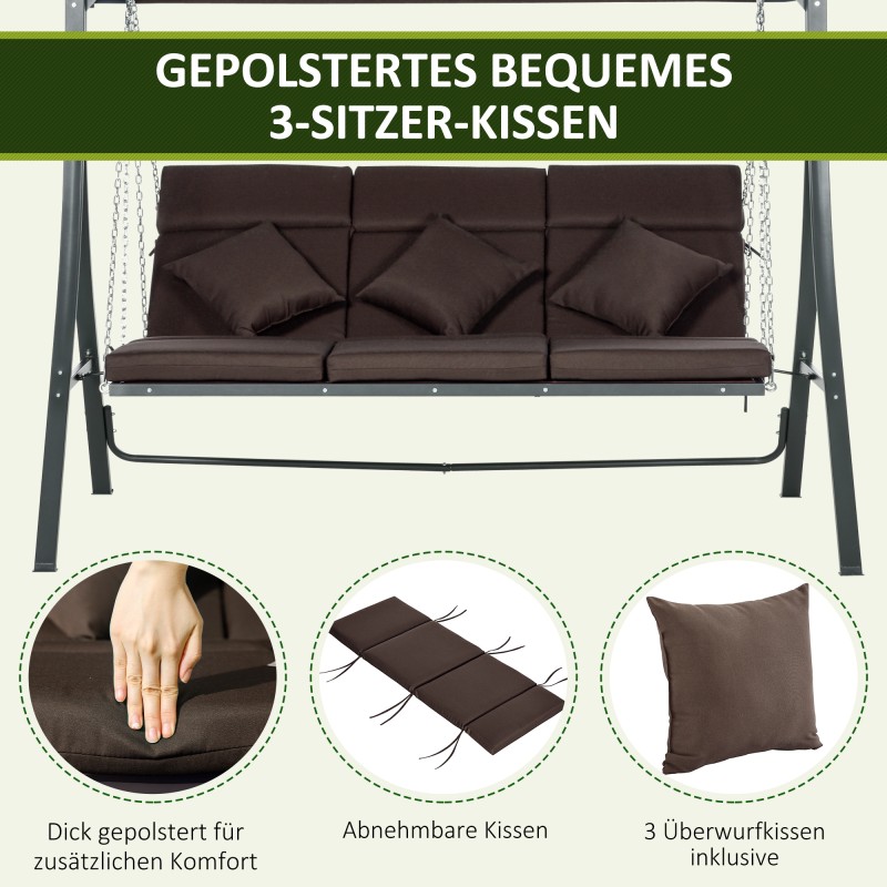 Puutarhakeinu 3 hengelle, metallirunko, säädettävä aurinkokatos, 198 x 118 x 168 cm, ruskea