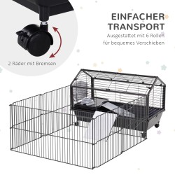 Pieneläinhäkki ulkoilualueella kaneille, metallia ja polypropeenia, 88 x 128,5 x 56 cm, musta