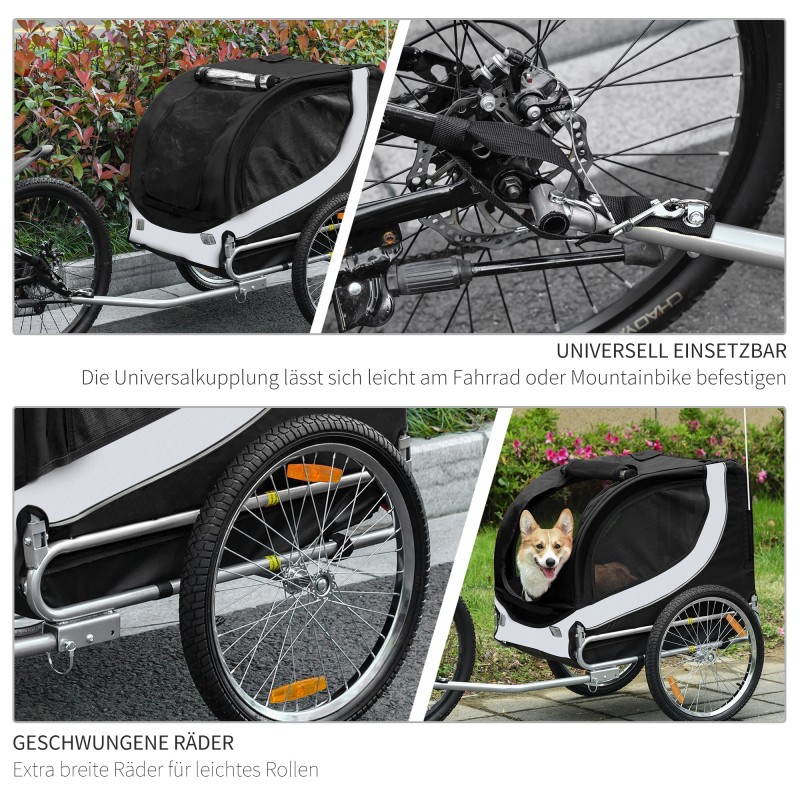 Koiran pyöräperävaunu 20 kg teräsrungolla ja verkkoikkunoilla valkoinen/musta