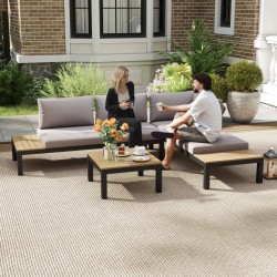 Ulkokalustesetti 3 hengelle, alumiini, sohva tyynyillä ja matala pöytä, harmaa/luonnonsävy