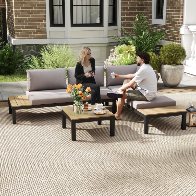 Ulkokalustesetti 3 hengelle, alumiini, sohva tyynyillä ja matala pöytä, harmaa/luonnonsävy