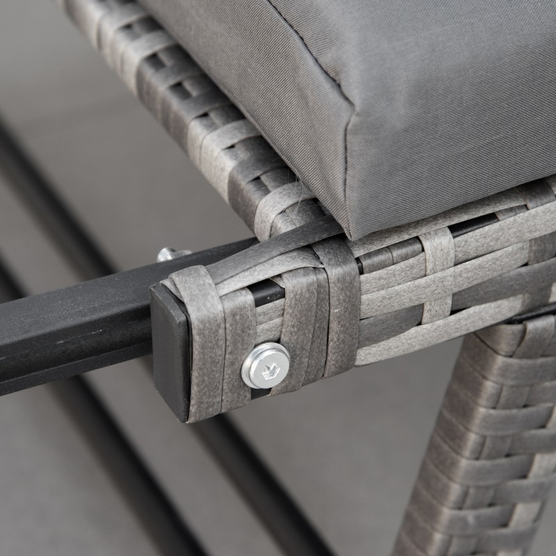 Polyrottinkinen puutarhasohva 2‑hengen, teräsrunko, selkä- ja istuintyynyt, harmaa 129 x 63 x 67 cm