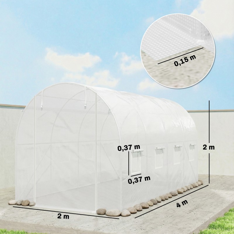 Kasvihuoneen vaihtopeite tunnelikasvihuoneeseen PE 4 x 2 m valkoinen, ovi ja 8 ikkunaa