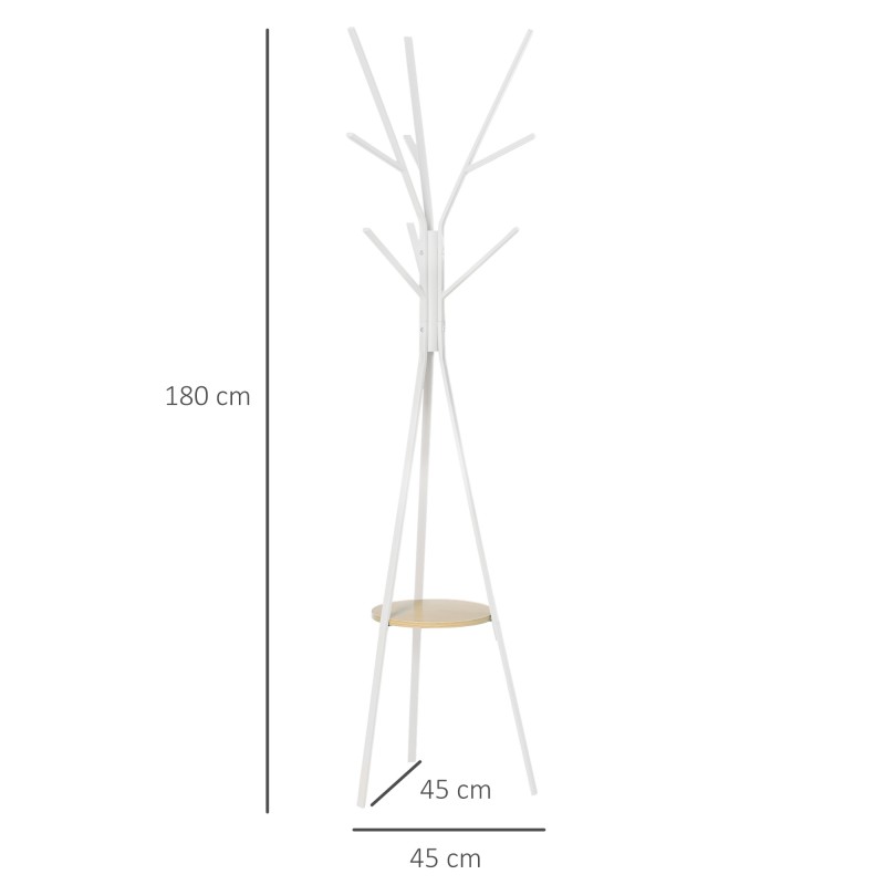 Naulakko hyllyllä ja 8 koukulla, metallirunko ja MDF, 45 x 45 x 180 cm, valkoinen