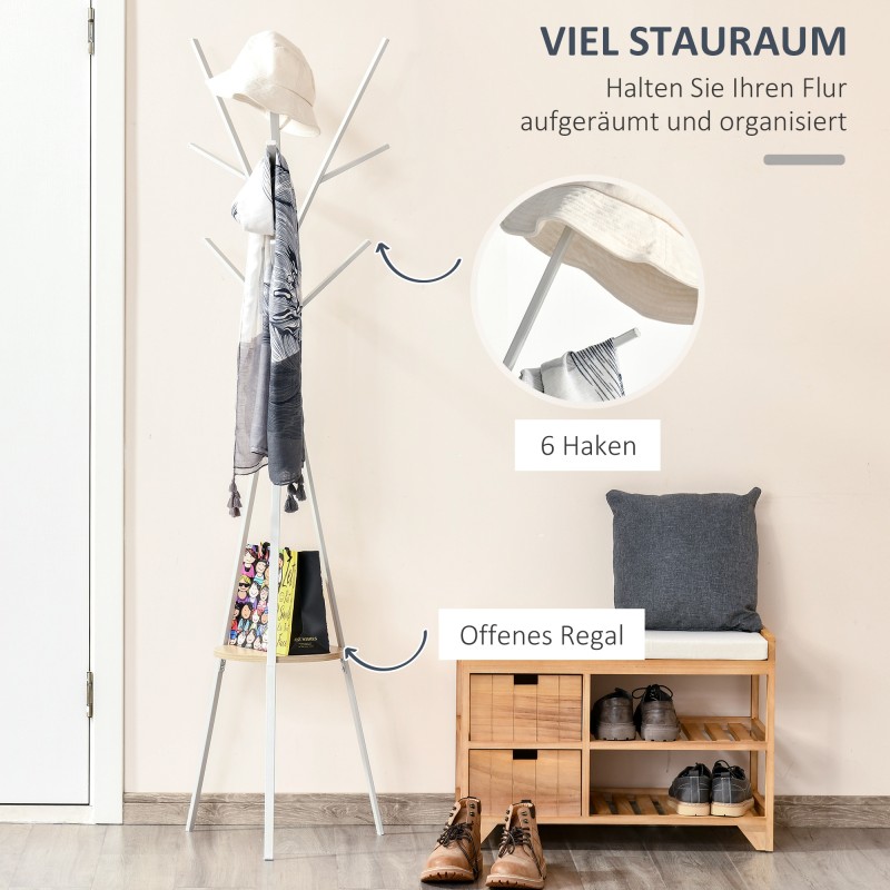 Naulakko hyllyllä ja 8 koukulla, metallirunko ja MDF, 45 x 45 x 180 cm, valkoinen