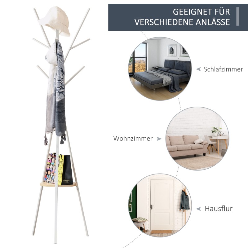 Naulakko hyllyllä ja 8 koukulla, metallirunko ja MDF, 45 x 45 x 180 cm, valkoinen