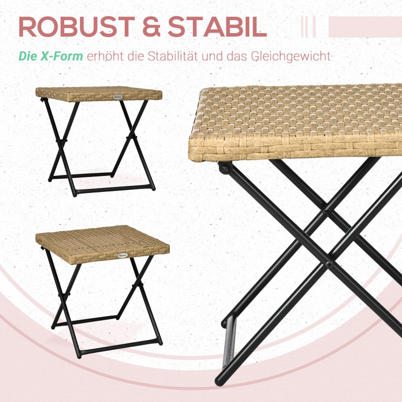 Ulkopöytä parvekkeelle, taitettava polyrottinki, teräsrunko, 40x40x40 cm, luonnon sävy