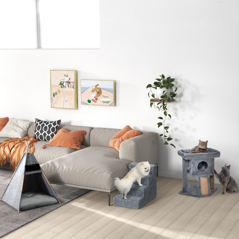 Lemmikkirappu pienille koirille ja kissoille, 4 askelmaa, lastulevy ja plyysi, 60 x 35 x 44 cm, vaaleanharmaa