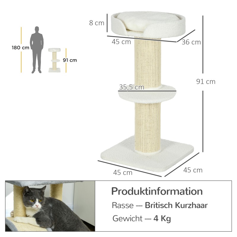 Kissan raapimis- ja kiipeilypuu 91 cm, paksut tolpat, lammaskarvakangas, creme