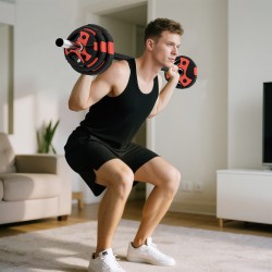 Levytankosetti 20 kg kotitreeniin, metallinen tanko ja 6 levypainoa, musta/punainen