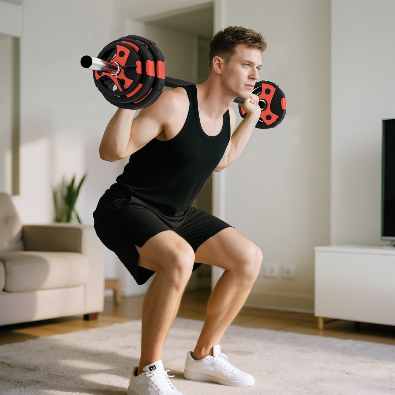 Levytankosetti 20 kg kotitreeniin, metallinen tanko ja 6 levypainoa, musta/punainen