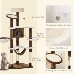 Kissan raapimapuu ja kiipeilypuu monitasoinen, plyysi/sisal 65 x 50 x 153 cm creme-kahvinruskea