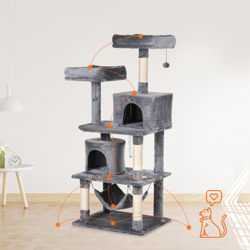 Kissapuu 145 cm sisalilla ja riippumatolla, 4,5 kg kissoille, vaaleanharmaa