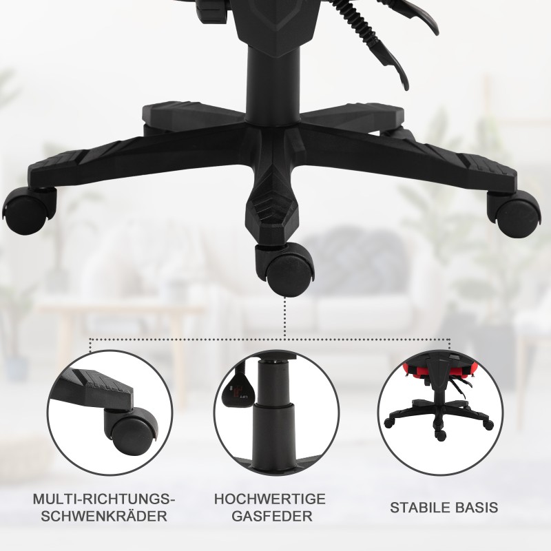 Ergonominen työ- ja pelituoli jalkatuella, polyesteri, 58 x 63 x 112–122 cm, musta/punainen