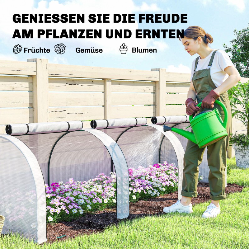 Tunnelikasvihuone teräsrungolla 295 x 100 x 80 cm, 3 vetoketjuikkunaa, valkoinen