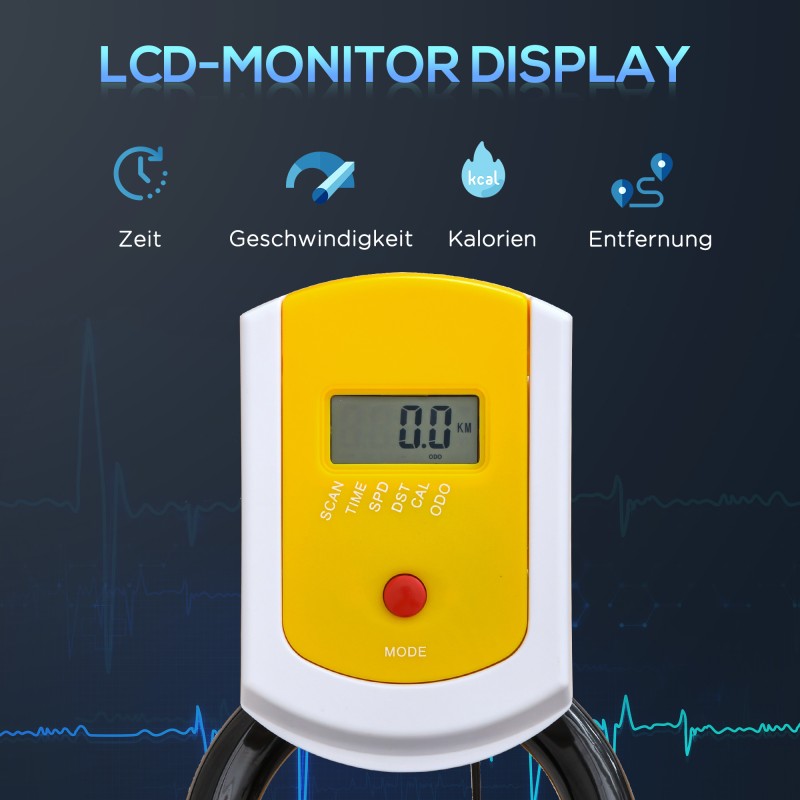 Kuntopyörä kotiin, säädettävä istuin ja ohjaustanko, hihnaveto, LCD-näyttö, teräs/ABS, keltainen/musta/harmaa