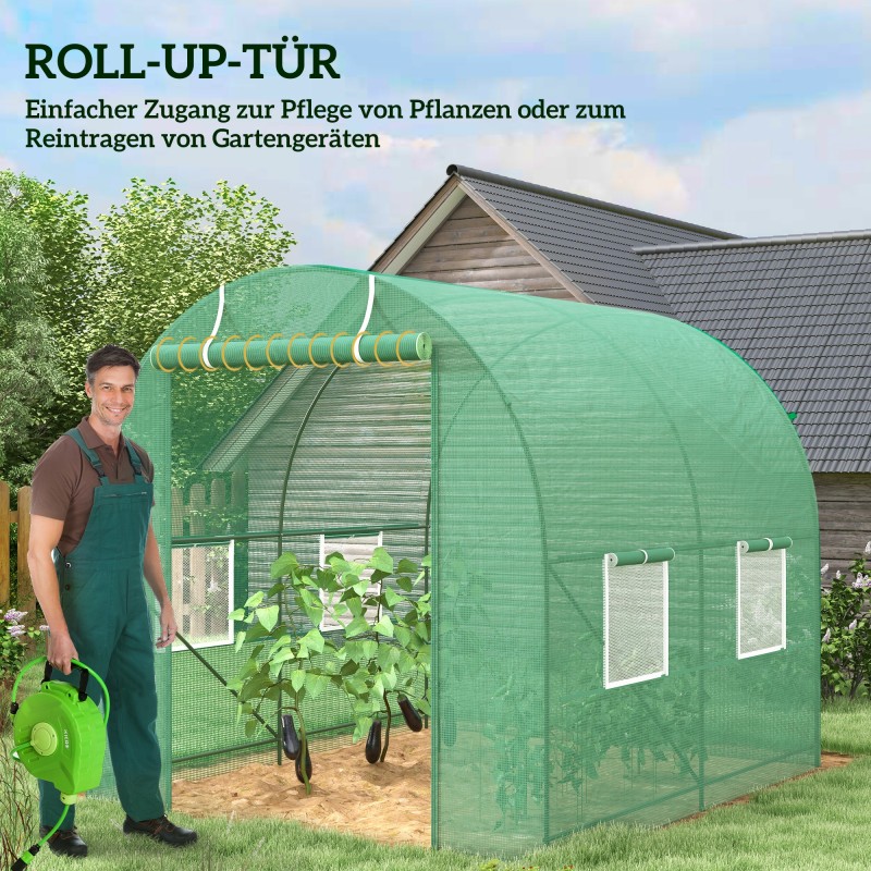 Kasvihuone teräsrunko PE-kangas 245 x 200 x 198 cm vihreä, ovi ja 4 ikkunaa