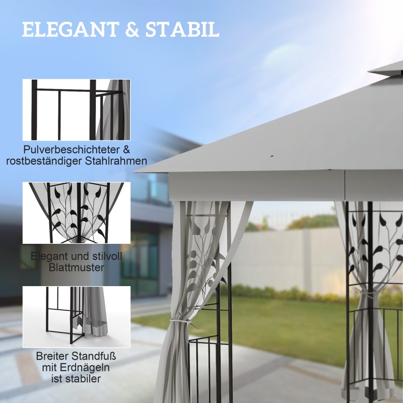 Puutarhapaviljonki kaksoiskatolla 3x3 m, teräsrunko, moskiittoverkko, vaaleanharmaa/musta