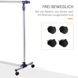 Vaaterekki pyörillä ja jarruilla, säädettävä ruostumaton teräs 86–160 x 45 x 95–170 cm