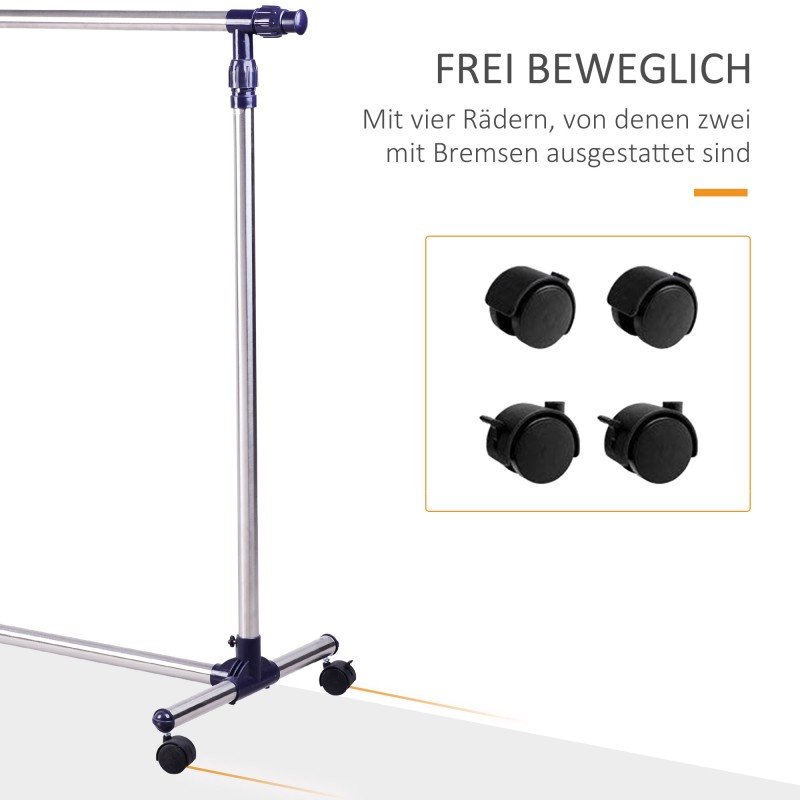 Vaaterekki pyörillä ja jarruilla, säädettävä ruostumaton teräs 86–160 x 45 x 95–170 cm