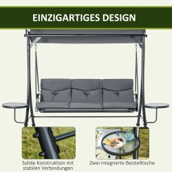 3-istuttava puutarhakeinu teräsrunko säädettävä katos sivupöydillä 271 x 125 x 177 cm harmaa/musta
