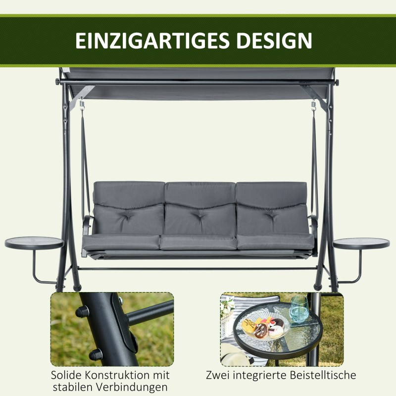 3-istuttava puutarhakeinu teräsrunko säädettävä katos sivupöydillä 271 x 125 x 177 cm harmaa/musta