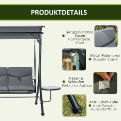 3-istuttava puutarhakeinu teräsrunko säädettävä katos sivupöydillä 271 x 125 x 177 cm harmaa/musta