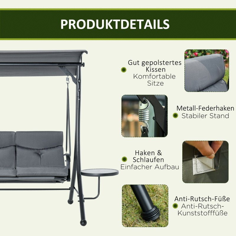 3-istuttava puutarhakeinu teräsrunko säädettävä katos sivupöydillä 271 x 125 x 177 cm harmaa/musta
