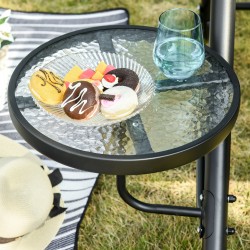 3-istuttava puutarhakeinu teräsrunko säädettävä katos sivupöydillä 271 x 125 x 177 cm harmaa/musta