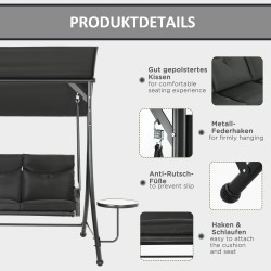 3 hengen puutarhakeinu teräsrungolla ja säädettävällä aurinkokatoksella 278x135x177 cm, musta