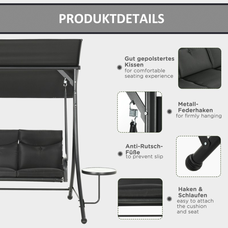 3 hengen puutarhakeinu teräsrungolla ja säädettävällä aurinkokatoksella 278x135x177 cm, musta