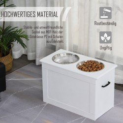 Korotettu ruokintapiste koirille ja kissoille, MDF-runko, 2 x 2 l teräskuppia, säilytystila, valkoinen