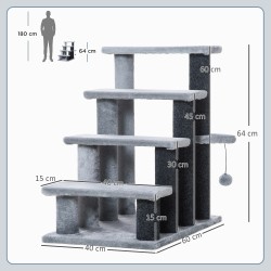 Kissanportaat 4 askelmaa raapimapylväillä ja leikkipallolla, plyysi juteilla, 60 x 40 x 64 cm, harmaa