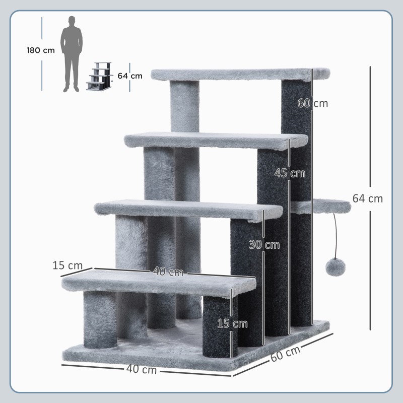 Kissanportaat 4 askelmaa raapimapylväillä ja leikkipallolla, plyysi juteilla, 60 x 40 x 64 cm, harmaa