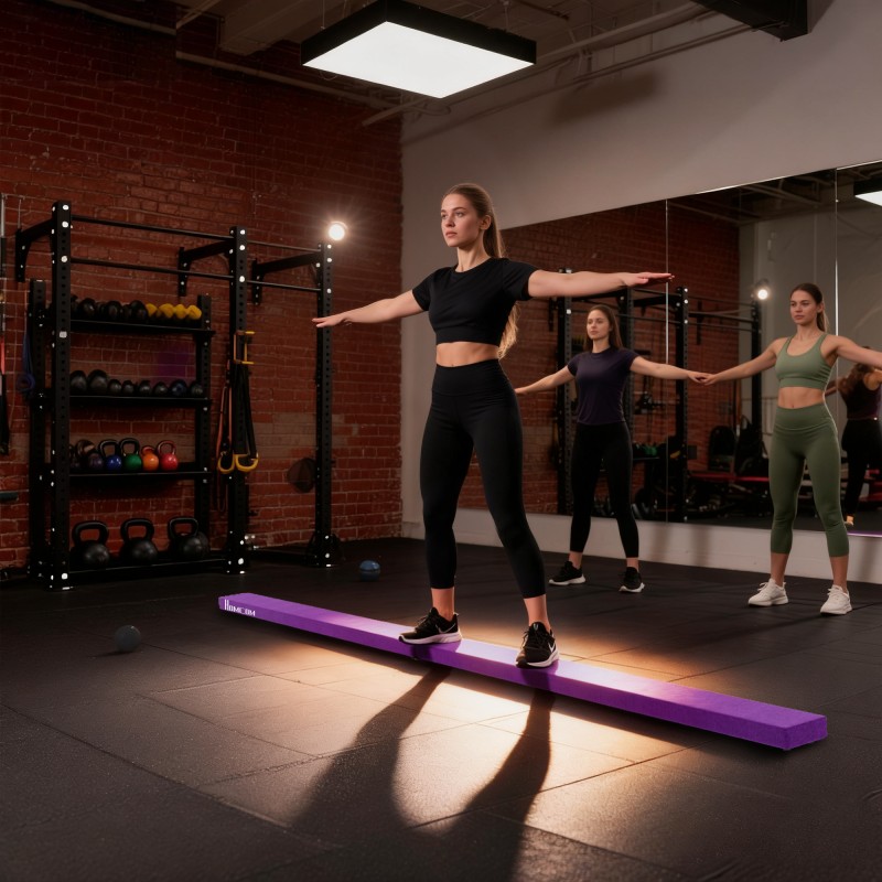 Taittuva voimistelupalkki tasapainoharjoitteluun, puu ja EPE-vaahto, 210 x 10 x 6,5 cm, violetti