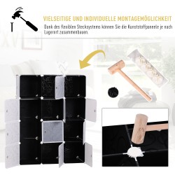 Modulaarinen vaatekaappi ja kuutiohylly, 2 vaatetankoa, 11 lokeroa, muovi/metalli, 111 x 47 x 145 cm, mustavalkoinen