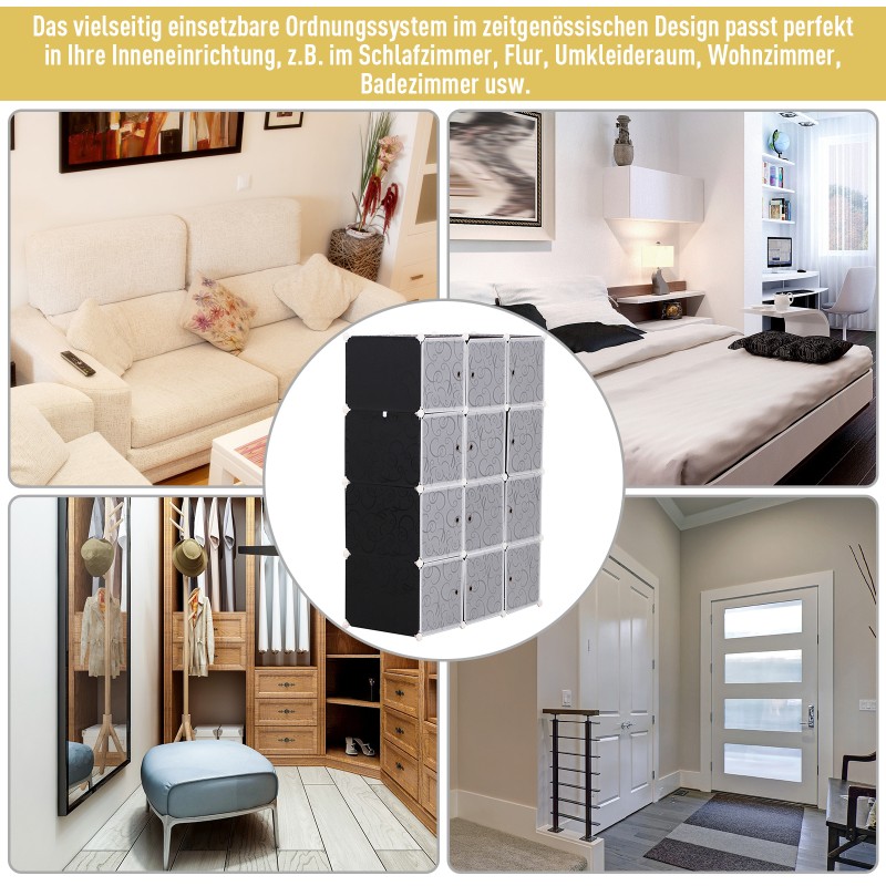 Modulaarinen vaatekaappi ja kuutiohylly, 2 vaatetankoa, 11 lokeroa, muovi/metalli, 111 x 47 x 145 cm, mustavalkoinen