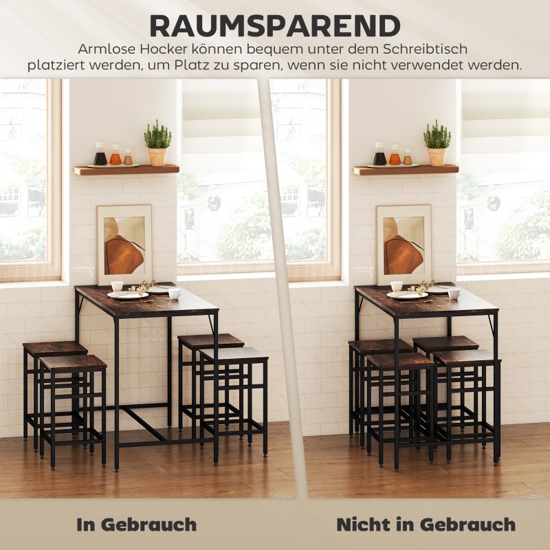 Baaripöytäsetti keittiöön, 5-osainen ruokailuryhmä 4 baarijakkaralla, MDF ja teräs, rustiikin ruskea/musta