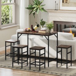 Baaripöytäsetti keittiöön, 5-osainen ruokailuryhmä 4 baarijakkaralla, MDF ja teräs, rustiikin ruskea/musta