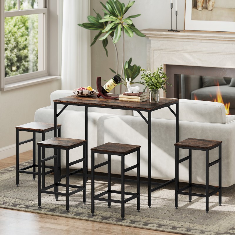 Baaripöytäsetti keittiöön, 5-osainen ruokailuryhmä 4 baarijakkaralla, MDF ja teräs, rustiikin ruskea/musta