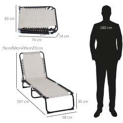 Aurinkotuoli taitettava puutarhaan, 4-asentoinen selkänoja, teräsrunko, 189 x 58 x 30 cm, kermanvalkoinen