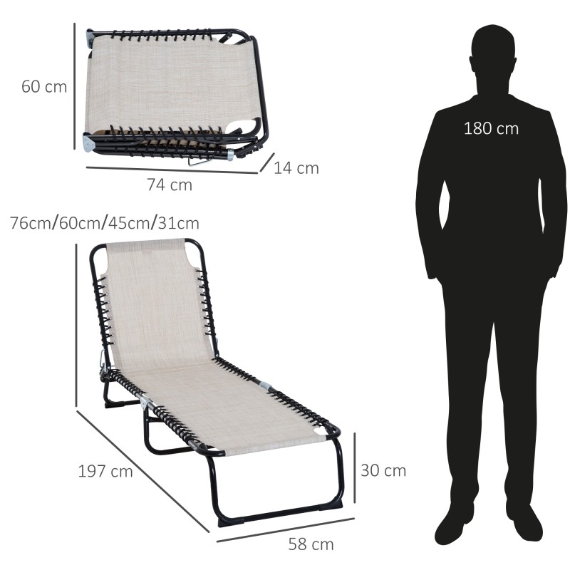 Aurinkotuoli taitettava puutarhaan, 4-asentoinen selkänoja, teräsrunko, 189 x 58 x 30 cm, kermanvalkoinen