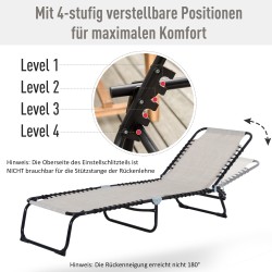 Aurinkotuoli taitettava puutarhaan, 4-asentoinen selkänoja, teräsrunko, 189 x 58 x 30 cm, kermanvalkoinen