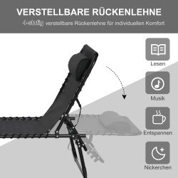 Taittuva lepotuoli ulkokäyttöön, teräsrunko ja hengittävä verkkokangas, 189 x 58 x 30 cm, musta