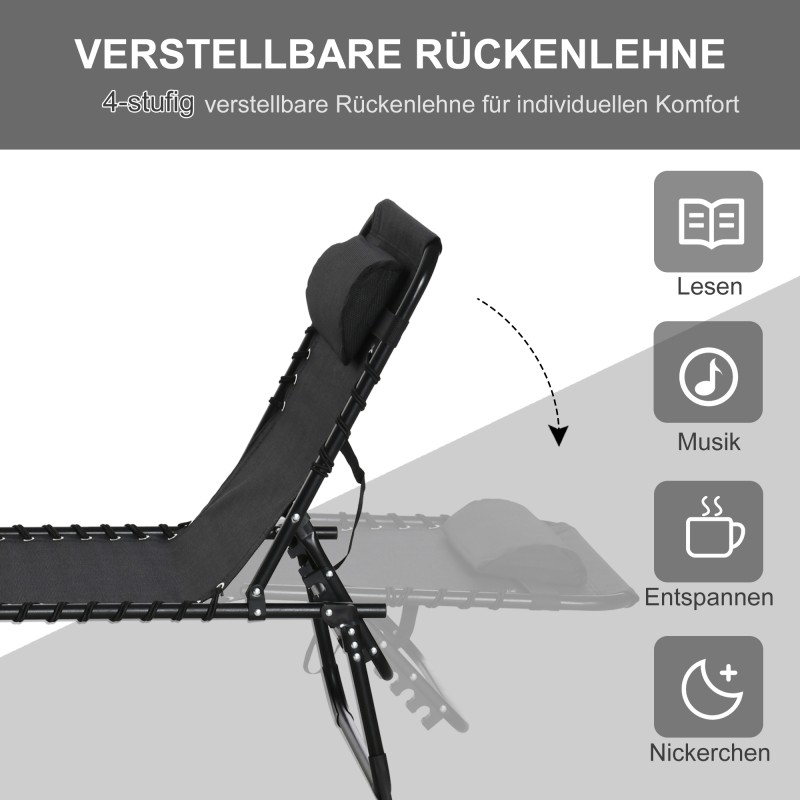 Taittuva lepotuoli ulkokäyttöön, teräsrunko ja hengittävä verkkokangas, 189 x 58 x 30 cm, musta