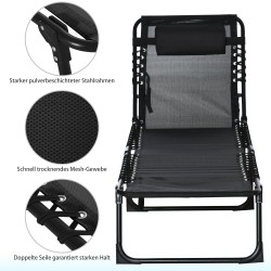 Taittuva lepotuoli ulkokäyttöön, teräsrunko ja hengittävä verkkokangas, 189 x 58 x 30 cm, musta